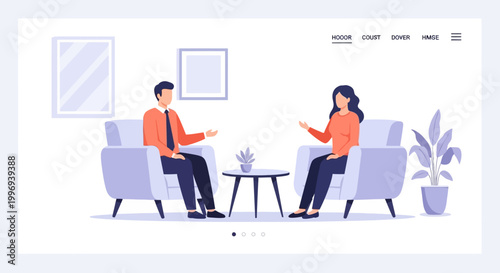 Two professionals, a man and a woman, are seated in comfortable chairs, engaged in a discussion in a modern office setting.