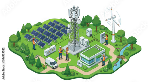 Diverse workers maintaining a modern telecommunication network powered by sustainable renewable energy sources like solar panels and wind turbines in a green landscape