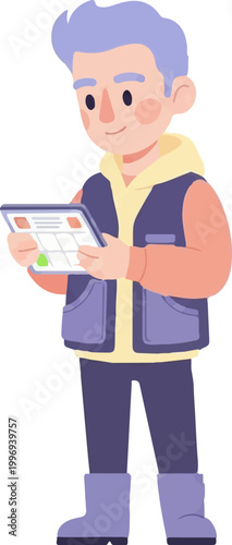 Clean illustration of a courier using a tablet, standing in a casual environment, delivering technology-driven services
