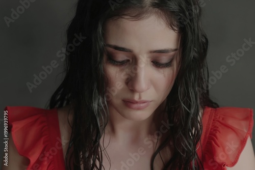 Close-up of a young woman crying, with smudged makeup and wet hair. Her face shows sadness and vulnerability, with tears streaming down. She wears a red ruffled top.
