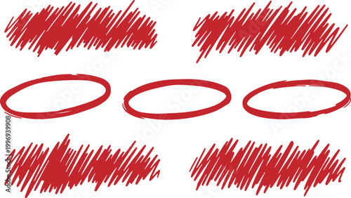 A creative illustration of red scribbles and ovals on a white background
