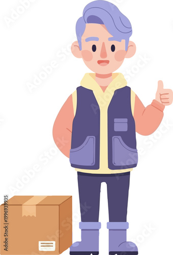 Clean illustration of courier delivering package, standing with thumbs up, front view in simple environment for business and transport