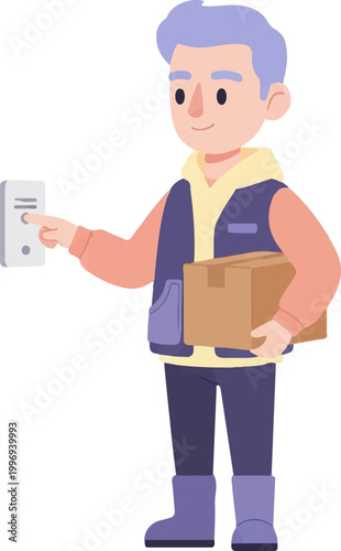 Courier delivering package to door in clean illustration style, front view, indoor environment, modern lifestyle concept