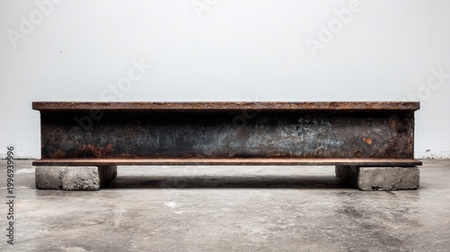 Rusty steel beam on concrete blocks in minimalist indoor environment