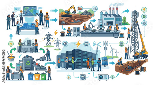 Comprehensive industrial process diagram showing diverse workers in telecommunication, energy, manufacturing, mining, and recycling, illustrating modern infrastructure development and circular economy