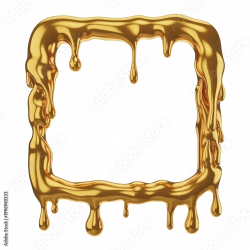 Liquid gold frame with melting metallic drips, luxurious golden square border, shiny molten metal texture on white background