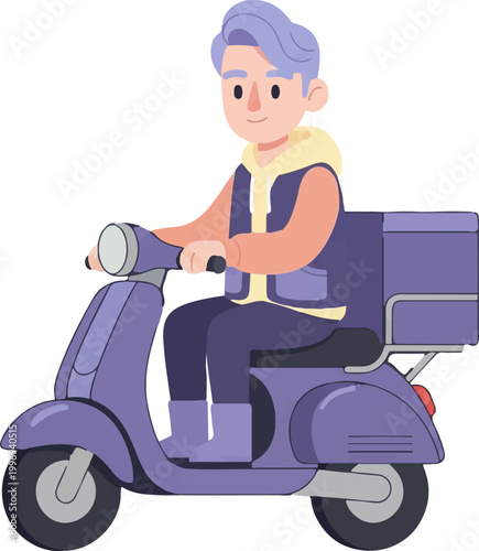 A clean illustration depicting a friendly courier riding a vibrant purple scooter, ready for efficient package delivery service