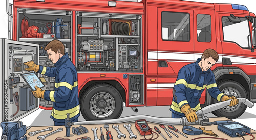 Detailed illustration of two firefighters repairing a fire truck with various tools, showcasing the inner workings of the vehicle and equipment, set against a clean, bright background