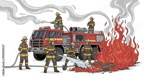 A group of firefighters wearing protective gear are shown in a detailed vector illustration, working together to put out a large fire with water hoses, set against a clean white background