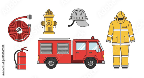 Flat lay of a red fire truck and firefighting equipment, including a hose, hydrant, helmet, extinguisher, and uniform, presented as a cartoon illustration against a plain white background