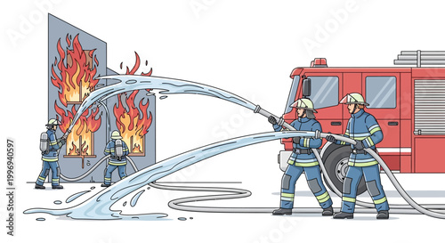 A vector illustration depicts firefighters putting out a fire with water hoses from a fire truck, demonstrating their rescue efforts with a dynamic composition and conveys a sense