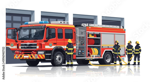 Illustrated scene of a fire department team in uniform standing next to a bright red fire truck with its door open, presented in a flat vector style against a clean white background