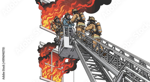 Illustrated scene of firefighters on a fire truck ladder, working to put out a fire in a burning building with visible flames and smoke, rendered in a cartoon style against a plain white