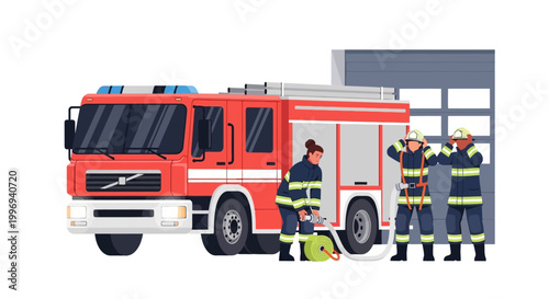 A stylized vector illustration depicts a team of firefighters in uniform alongside a bright red fire truck, set against a clean white background with a nearby fire station