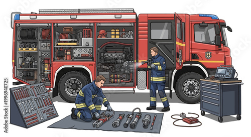 Detailed vector illustration of two uniformed firefighters inspecting equipment next to a bright red fire truck against a white backdrop, showcasing the tools and machinery with a focus