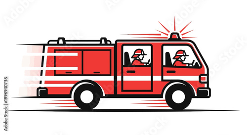 A cartoon-style illustration shows a red fire truck speeding to an emergency, depicted with motion lines to emphasize speed, showcasing the emergency services and the fire department's