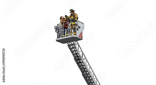 Against a stark white backdrop, a firefighter in full gear stands with a child on a raised cherry picker platform, conveying a sense of safety during an evacuation scenario on a sunny day