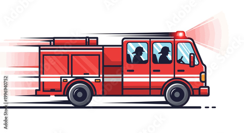 Profile view of a red fire truck rushing to an emergency, depicted in a dynamic vector illustration with motion blur to emphasize speed against a white background, conveying urgency