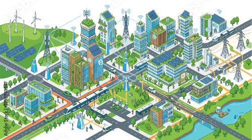 Isometric smart city illustration showcasing sustainable urban development with green buildings, renewable energy, advanced telecommunication networks, and diverse transportation systems