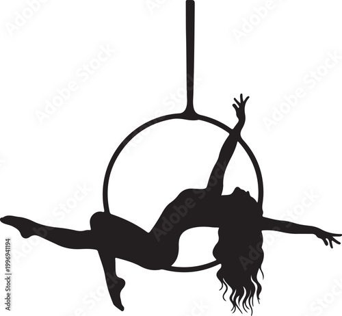 A woman performs an aerial hoop routine with her body in a dramatic pose.
