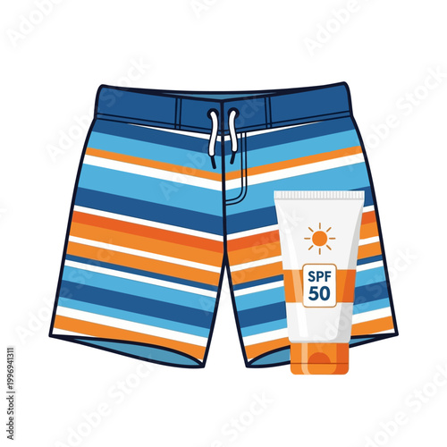 Summer beach essentials: striped swim shorts and SPF 50 sunscreen illustration