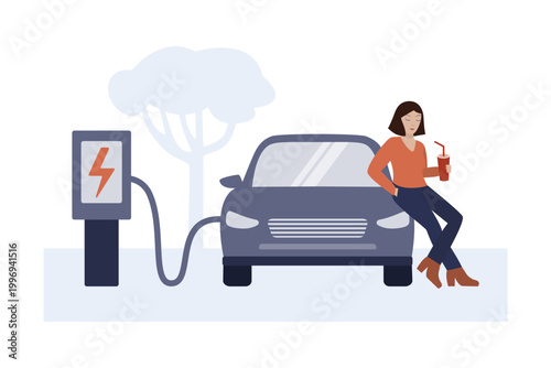 Woman charging an electric car at a charging station, sustainable mobility and clean energy lifestyle concept illustration