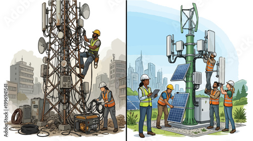 Comparing old and new telecommunication infrastructure with diverse workers installing modern 5G cell tower technology and sustainable energy solutions