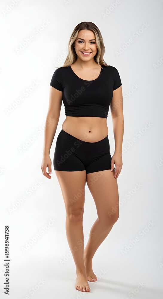 Fototapeta premium Full-body portrait of a confident woman in activewear showcasing her toned physique after successful breast augmentation, tummy tuck, and liposuction surgeries, isolated on a light background.