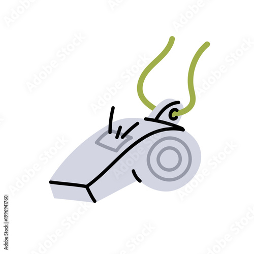 Referee whistle with green cord. Sports equipment for coaches and officials, signal of start, stop or foul in game.