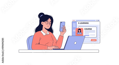 Woman sitting at desk using laptop and smartphone for online learning