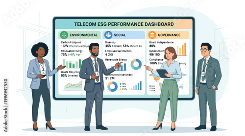 Diverse telecommunication workers analyze ESG performance dashboard, showcasing environmental, social, and governance metrics for corporate sustainability and responsible business practices