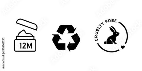 Cosmetic Icons Set — 12M PAO Open Jar Recycle Arrow and Cruelty Free Rabbit Badge