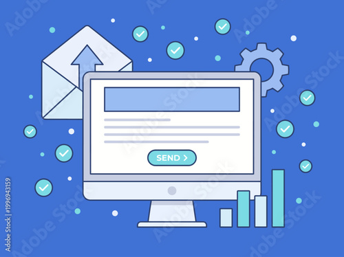 A computer monitor displaying an email interface with a send button and various icons surrounding it.