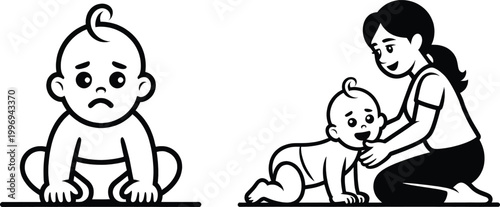 Baby sitting alone looking sad is positioned next to an illustration of a young woman interacting with a crawling infant in this simple monochromatic graphic design for childcare services.