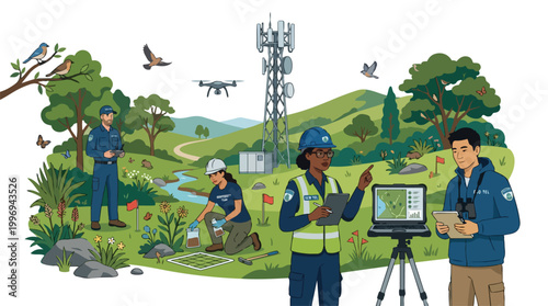 Diverse workers conducting environmental monitoring near a telecommunication tower, using drones and technology for ecological assessment and data collection in a natural landscape