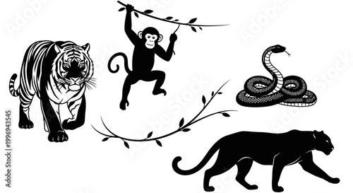 Black silhouette of jungle animals group.