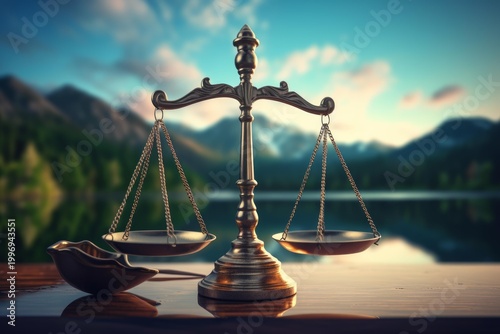 Justice scales representing equality and fairness set on a table with a serene lake and mountains