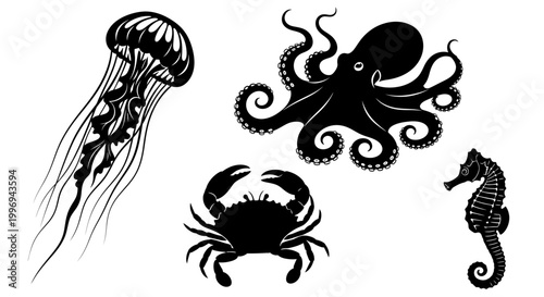 Black silhouette of sea creatures group.