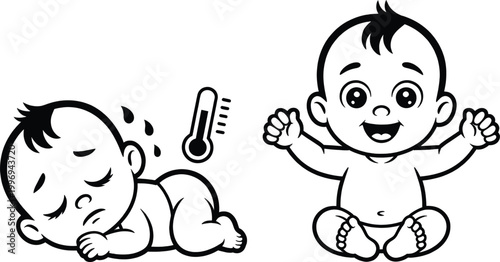 Babies showing fever and health status are depicted in this black and white line art illustration featuring a sick child with a thermometer and a happy child.