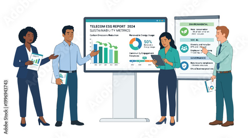 Diverse telecommunication workers present ESG sustainability report metrics in a business meeting, discussing environmental, social, and governance initiatives