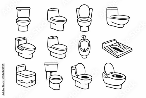 Collection of line art toilet icons featuring various designs for hygiene, sanitation, and bathroom. Includes standard toilets, bidet, urinal, squat toilet, and portable toilet vector symbols.