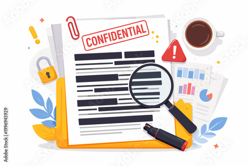 Redacted Confidential Document with Magnifying Glass, Padlock, and Warning Sign. Flat Vector Illustration for Data Privacy, Security Investigation, Classified Report, and Legal Audit Concept Design.