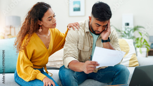 Bild auf Leinwand Stress, support or couple in house with paper, partner empathy or payment pressure in money management