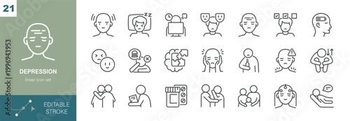 Depression Vector Icons Set. Mental Health Symptoms, Stress, Sadness, Therapy, Counseling, Treatment and Emotional Support. Editable Linear Collection.