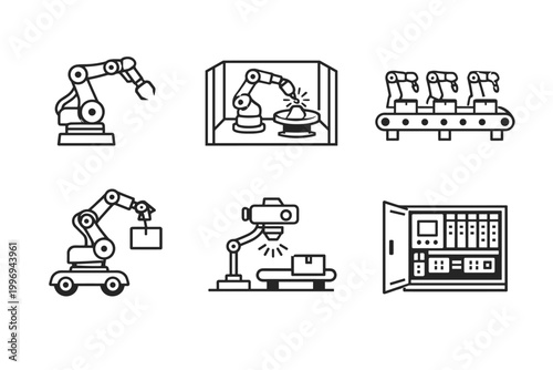 Industrial robotics manufacturing line icon set featuring robotic arms, welding cell, assembly conveyor belt, manipulator, automated production line, and electronic control panel for smart factory