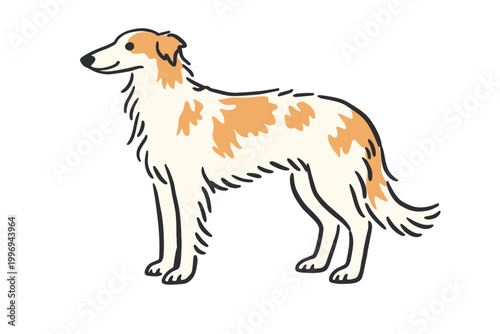 Hand Drawn Russian Borzoi Dog Illustration, Naive Brush Sketch Style, Simple Flat Vector Art of a Standing Russian Wolfhound Sighthound Pet Animal Isolated on White Background for Graphic Design.