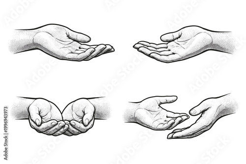 Halftone Hand Set in Grayscale Style Vector Palms with Fingers Monochrome Gestures of Giving or Taking Receiving Cupped Hands Offering Help Charity Support Vintage Engraving Stippled Illustration