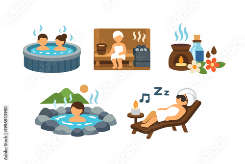 Spa and Wellness Icon Set Featuring Hot Tub Jacuzzi Sauna Aromatherapy Essential Oils Natural Hot Springs and Relaxation Lounge Chair Flat Vector Illustration for Health Beauty and Self-Care Design