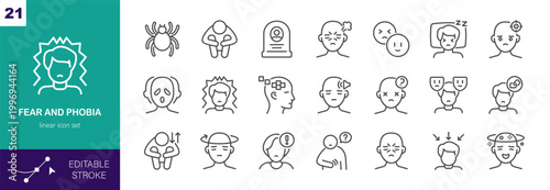 Fear and Phobia Vector Icons Set. Anxiety, Panic, Stress, Trauma, Mental Health Symptoms, Therapy and Emotional Disorder. Editable Linear Pack.
