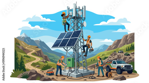 Diverse workers installing and maintaining a telecommunication tower with solar panels in a remote mountainous landscape, ensuring connectivity and sustainable energy infrastructure